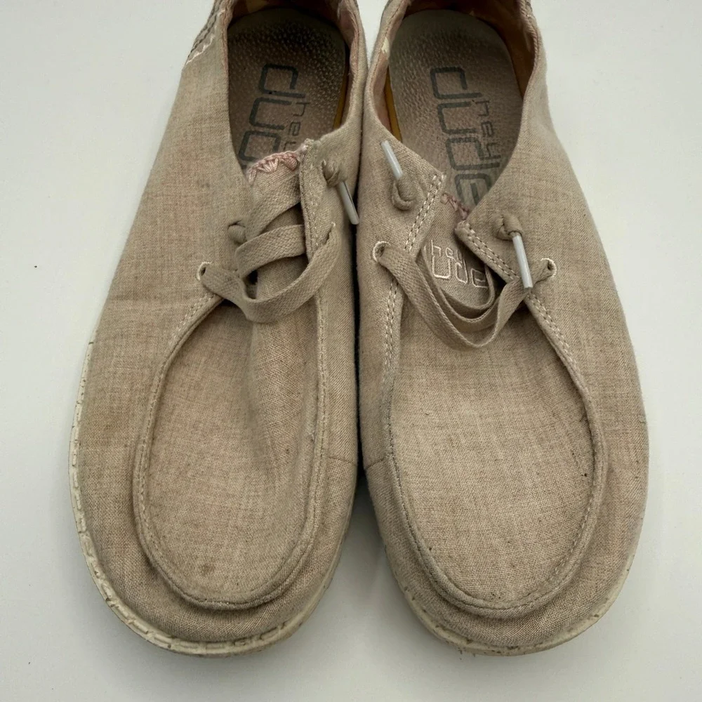 Hey Dude Wendy Shoes Women 7 Tan Linen Slip On Moccasin Loafer Casual Comfort